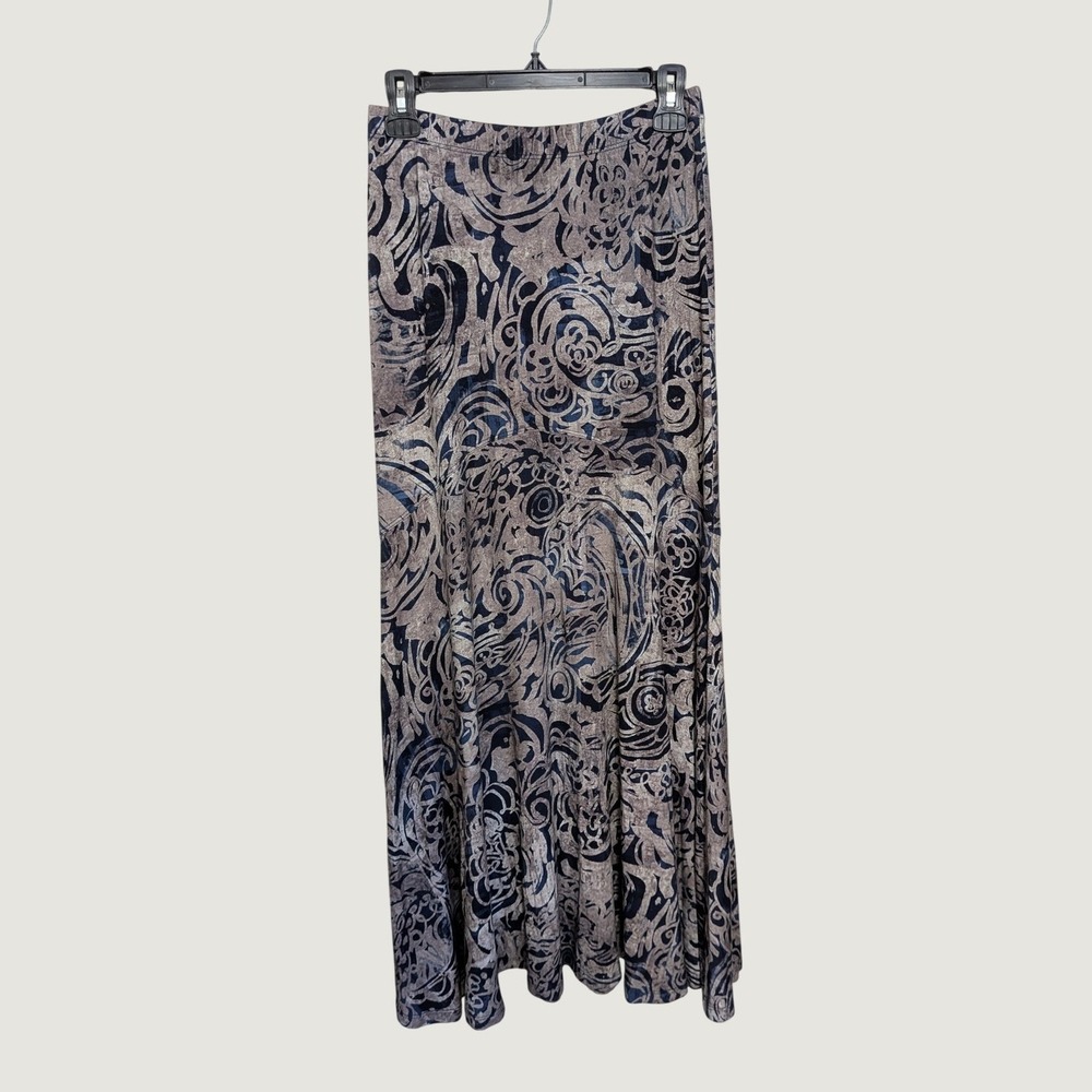 Peruvian Connection Boho Abstract Swirl Viscose Maxi Skirt Blue Taupe XS